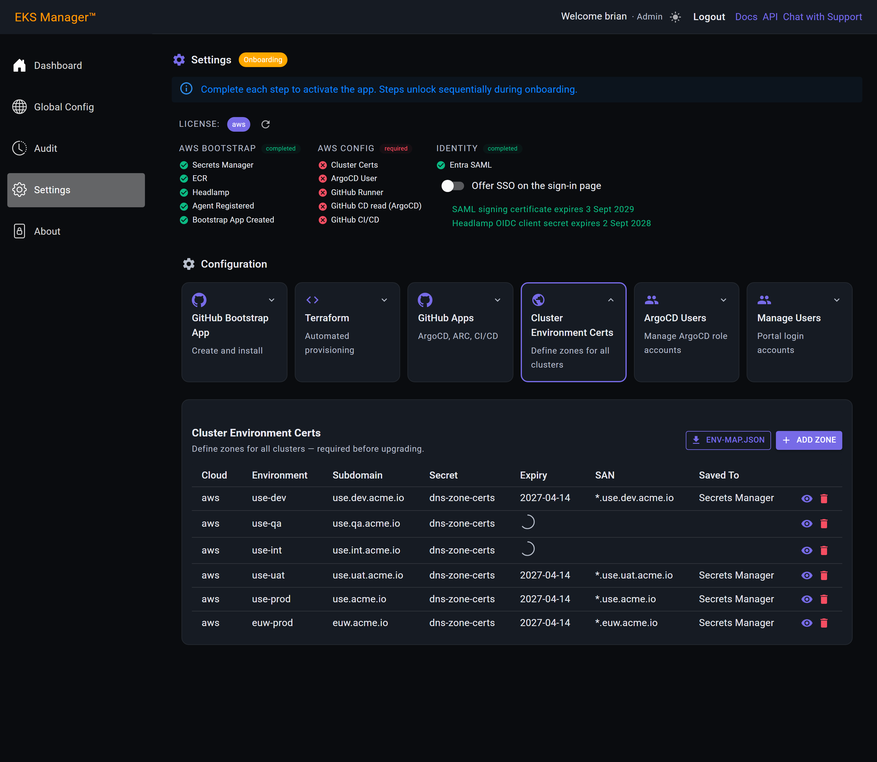 The Add Zone and env-map.json buttons above the table