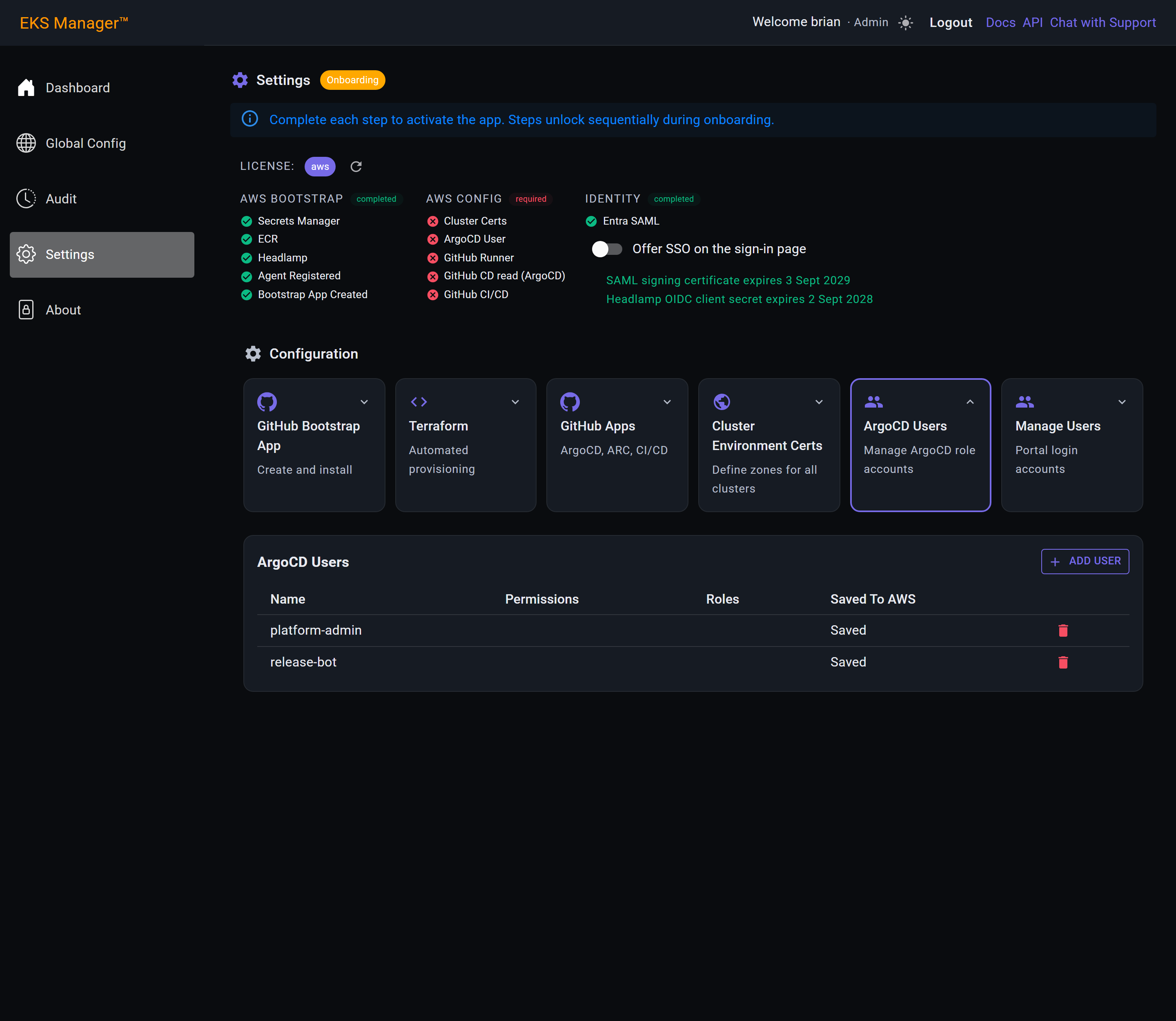 The Add User button above the ArgoCD Users table