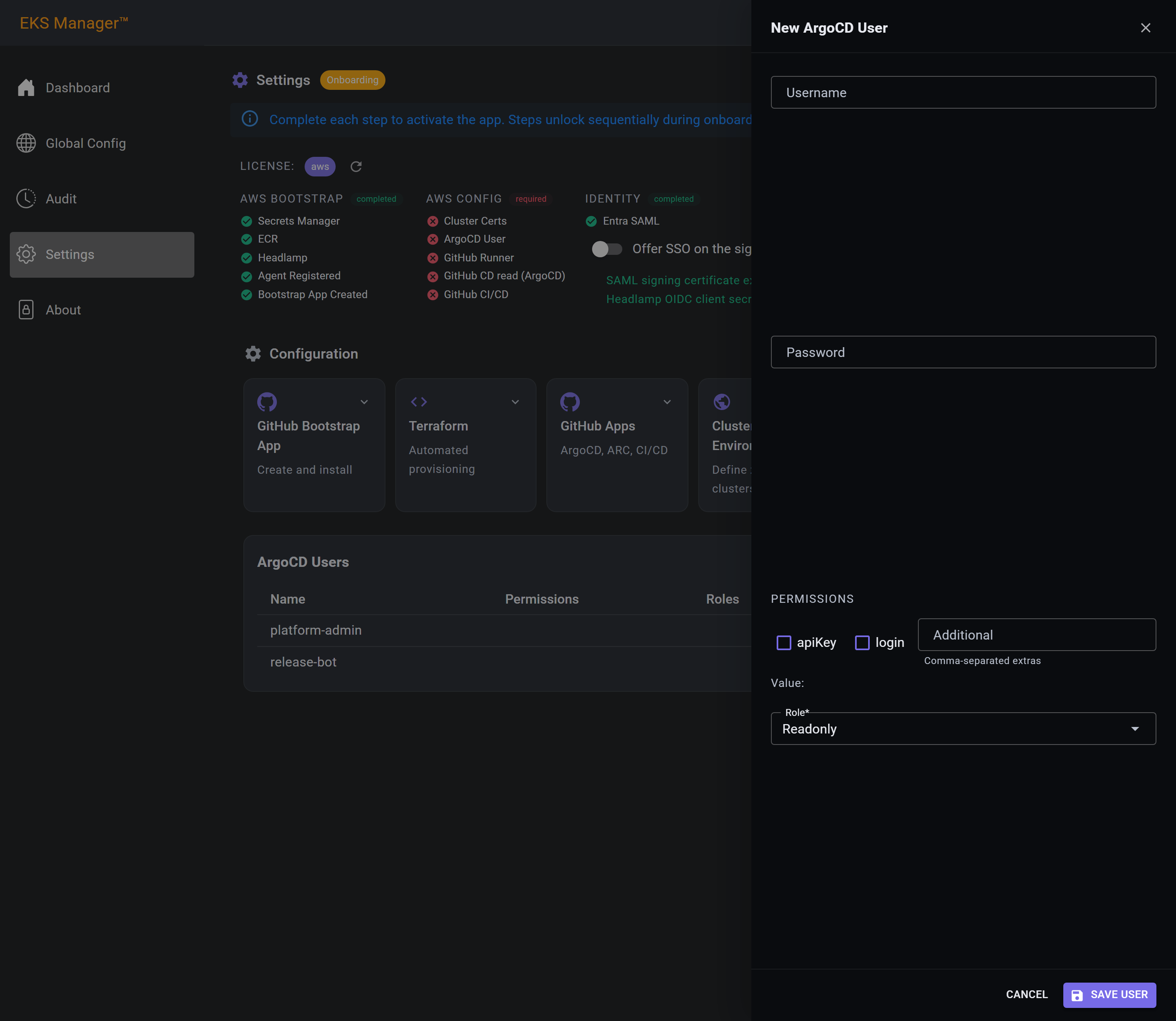 The New ArgoCD User panel with its permission checkboxes and role