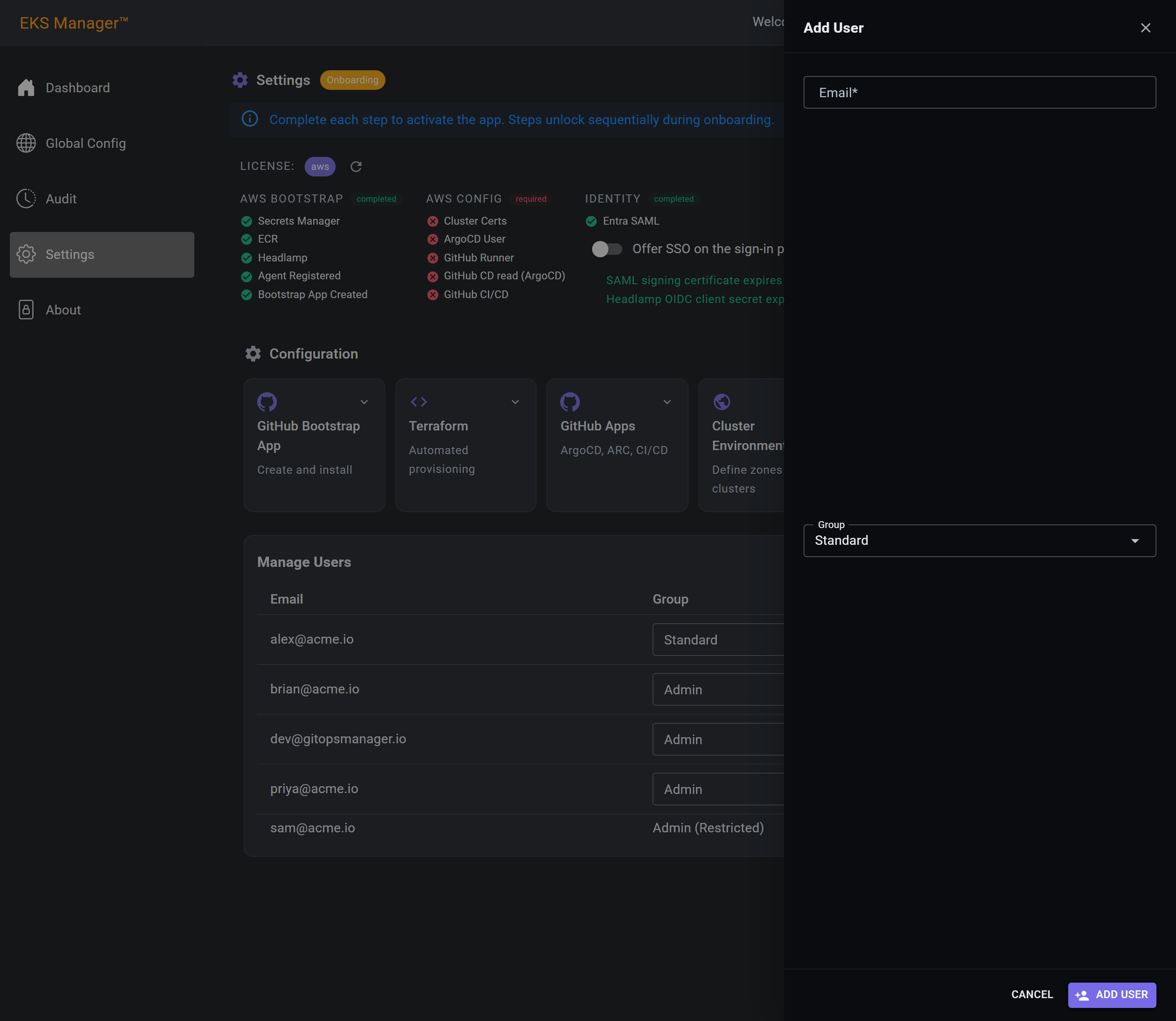 The add user panel with its email and group fields